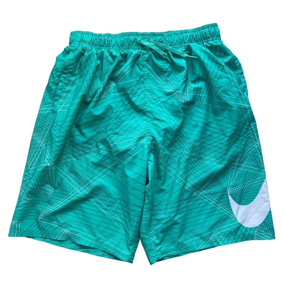 Nike Swim Trunks Men's L Green White Geometric Drawstring Athletic Shorts - Picture 1 of 3